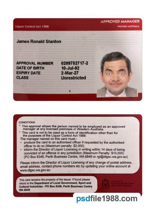 Western Australia Approved Manager License Card